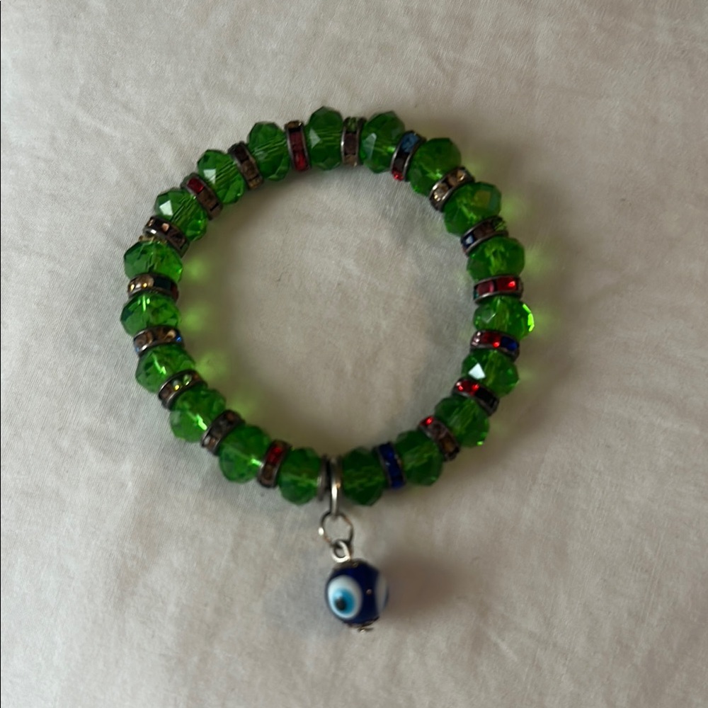 Green Beaded Stretch Bracelet with Blue Evil Eye Charm - Women Jewelry